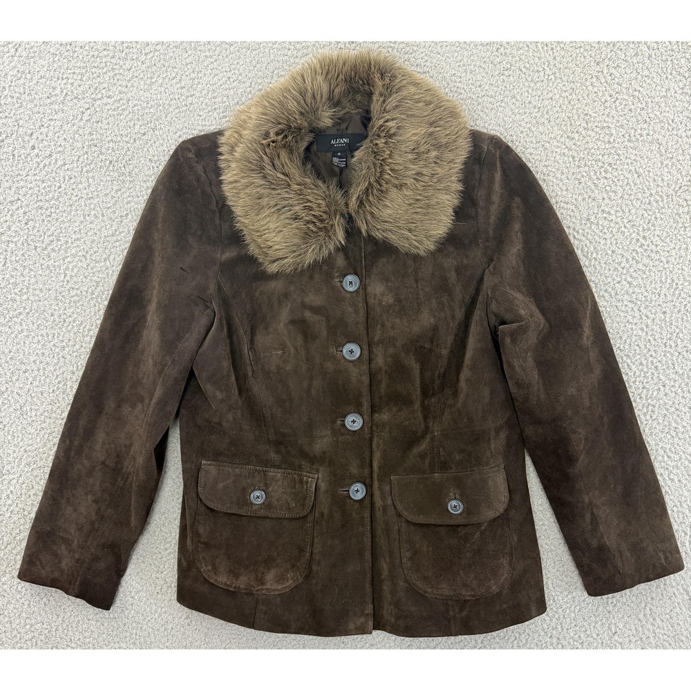 Alfani Jacket Brown Suede Leather Faux Fur Collar Button Coat Pockets